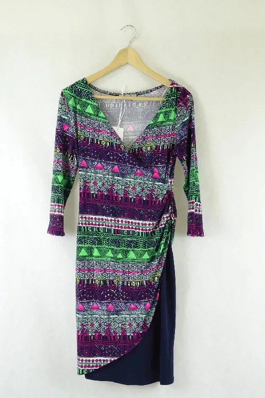 David + Jessie Multi 3/4 Sleeve Drape Dress S