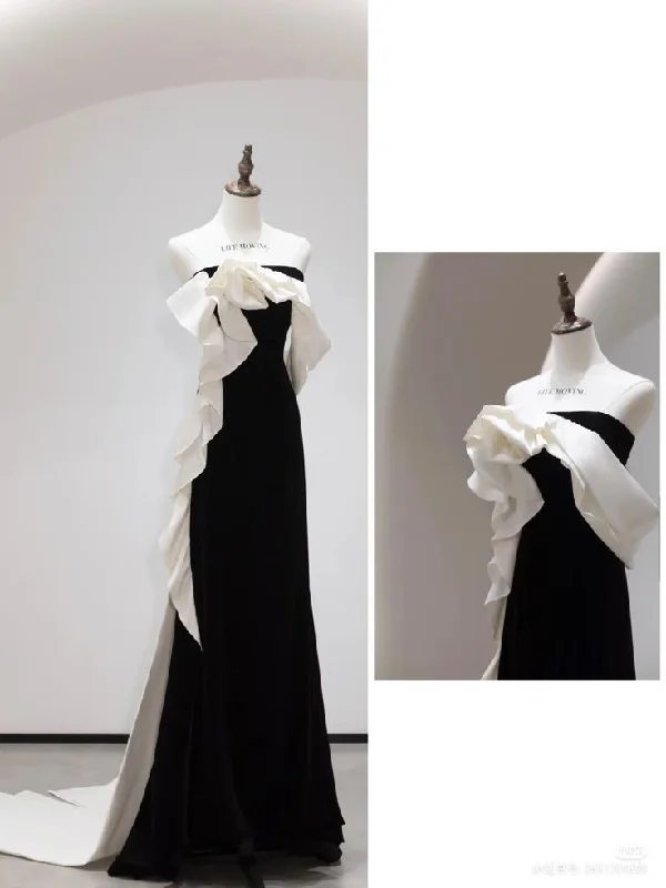 Bonnyshow Sexy Sheath Strapless Black Satin Long Evening Gowns Prom Dresses SD1836