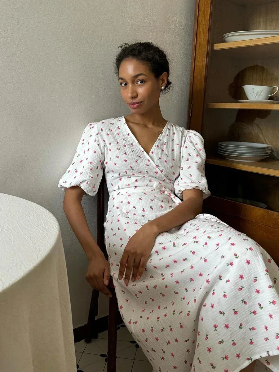 Bonnyshow Summer Women Psrinted Dress Lace Up Short Sleeve Fashion Office Lady Long Dress 100% Cotton Daily Casual V-neck Skirt Bonnyshow Summer Women Psrinted Dress Lace Up Short Sleeve Fashion Office Lady Long Dress 100% Cotton Daily Casual V-neck Skirt
