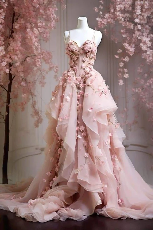 Bonnyshow Retro Ball Gown Spaghetti Straps Pink Floral Tulle Evening Dress Prom Dresses SD1752 Bonnyshow Retro Ball Gown Spaghetti Straps Pink Floral Tulle Evening Dress Prom Dresses SD1752