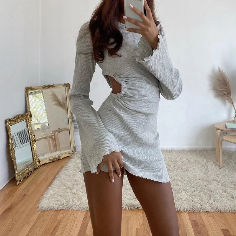 Autumn Draped Flare Sleeve Cut-Out Mini Knitting Round Neck Ruched Skinny Chic Casual Streetwear Dress