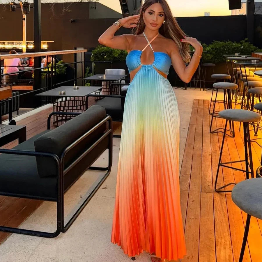 Bonnyshow Gradient Holiday Dress Women Sexy Cut Out Backless Maxi Beach Dresses Summer Casual Loose Pleated Bohemia Outfits