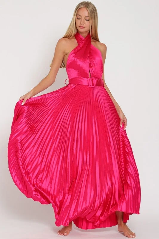 Halter twist pleated fuchsia dress