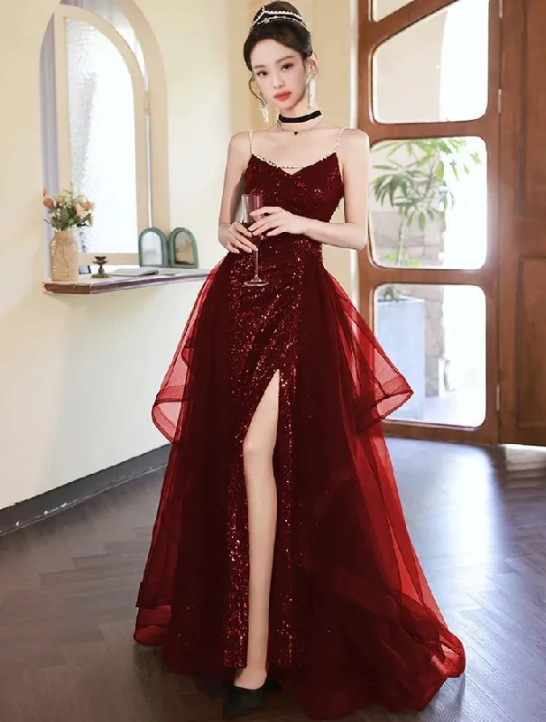 Bonnyshow Sexy Mermaid Spaghetti Straps Floor Length Burgundy Sequin Long Prom Dresses SD1800 Bonnyshow Sexy Mermaid Spaghetti Straps Floor Length Burgundy Sequin Long Prom Dresses SD1800