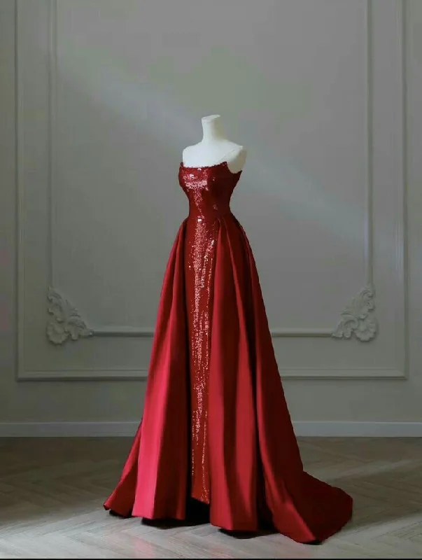 Bonnyshow Modest Mermaid Strapless Red Floor Length Evening Dress Sequin Prom Dresses SD1805 Bonnyshow Modest Mermaid Strapless Red Floor Length Evening Dress Sequin Prom Dresses SD1805