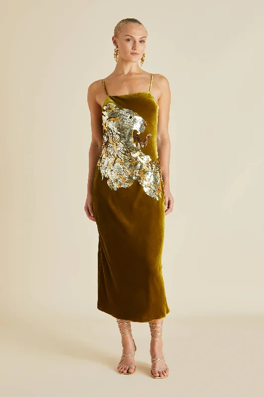 Icon August Gold Embellished Slip Dress in Silk Velvet