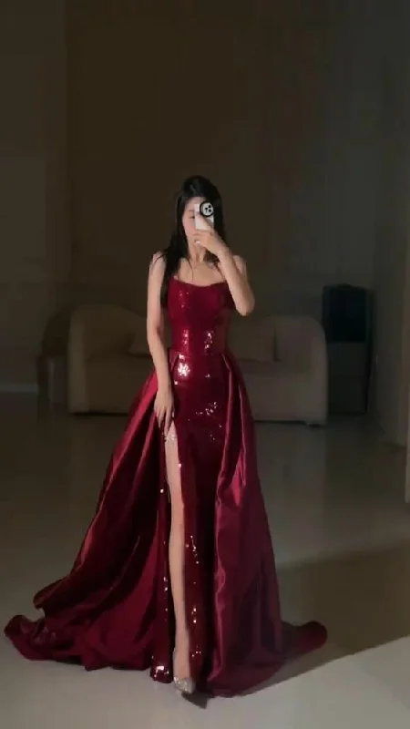 Bonnyshow Modest Mermaid Strapless Burgundy Floor Length Evening Dress Sequin Prom Dresses SD1797 Bonnyshow Modest Mermaid Strapless Burgundy Floor Length Evening Dress Sequin Prom Dresses SD1797