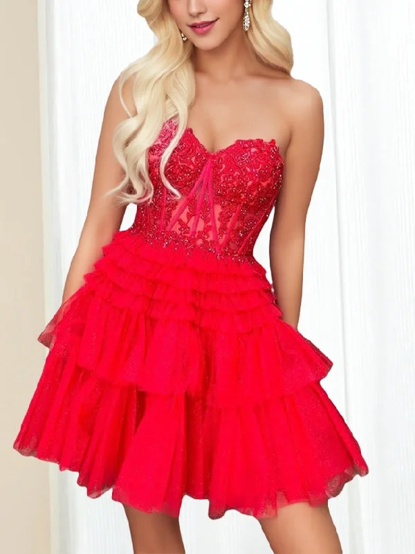 A-Line/Princess Sweetheart Sleeveless Short/Mini Party Dance Cocktail Homecoming Dress With Lace Appliques & Sequins, Ruffles A-Line/Princess Sweetheart Sleeveless Short/Mini Party Dance Cocktail Homecoming Dress With Lace Appliques & Sequins, Ruffles