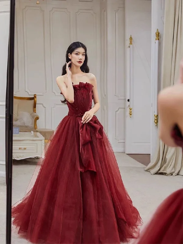 Bonnyshow Sexy Ball Gown Strapless Burgundy Tulle Long Evening Gowns Prom Dresses S3802