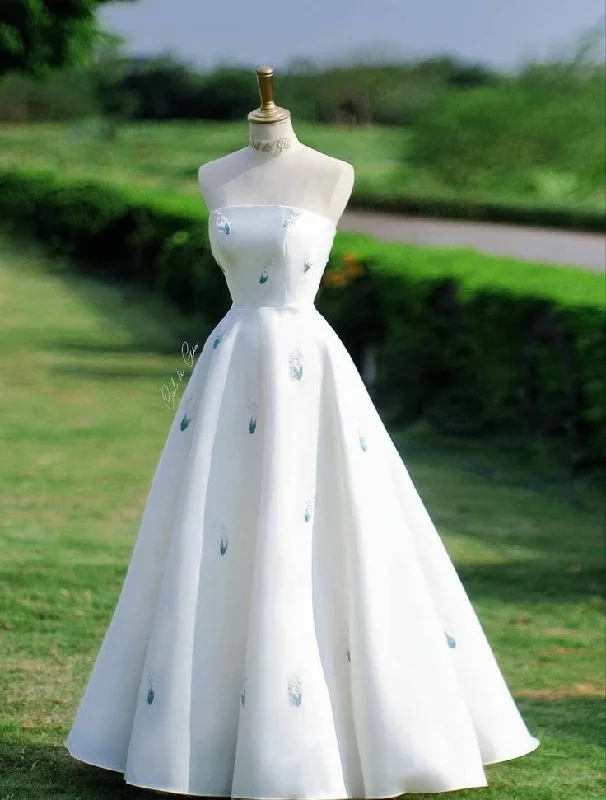 Bonnyshow Aesthetic Ball Gown Strapless White Satin Long Evening Dress Prom Dresses SD1780 Bonnyshow Aesthetic Ball Gown Strapless White Satin Long Evening Dress Prom Dresses SD1780