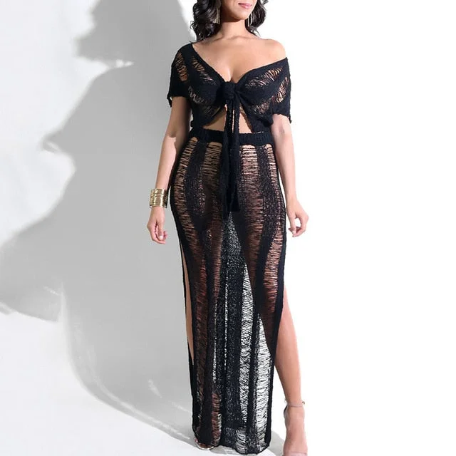 Bow Tie Hollow Out Knitted Two Piece Transparent Bandage Maxi Beach Casual Slim Summer Dress Bow Tie Hollow Out Knitted Two Piece Transparent Bandage Maxi Beach Casual Slim Summer Dress