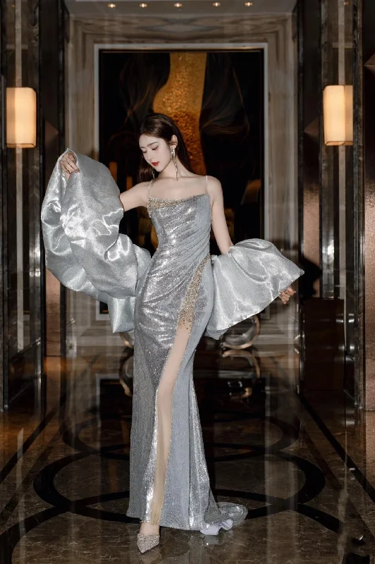 Bonnyshow Sexy Mermaid Spaghetti Straps Silver Sequin Long Prom Dresses Evening Gowns S3825