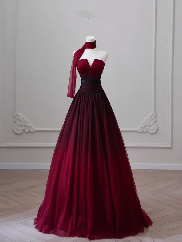 Bonnyshow Sexy Ball Gown Sweetheart Burgundy Tulle Long Evening Gowns Prom Dresses SD1821