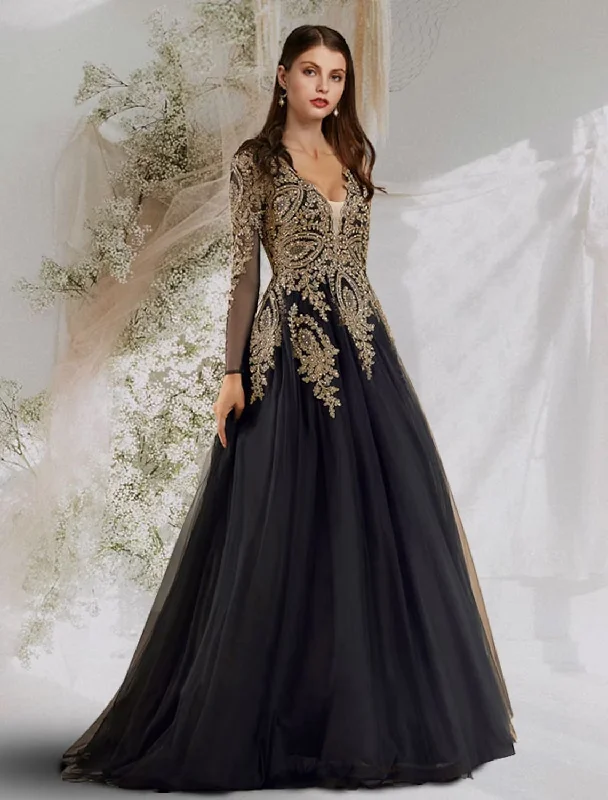 Ball Gown Luxurious Elegant Prom Formal Evening Dress V Neck Long Sleeve Floor Length Tulle with Sequin Appliques Ball Gown Luxurious Elegant Prom Formal Evening Dress V Neck Long Sleeve Floor Length Tulle with Sequin Appliques