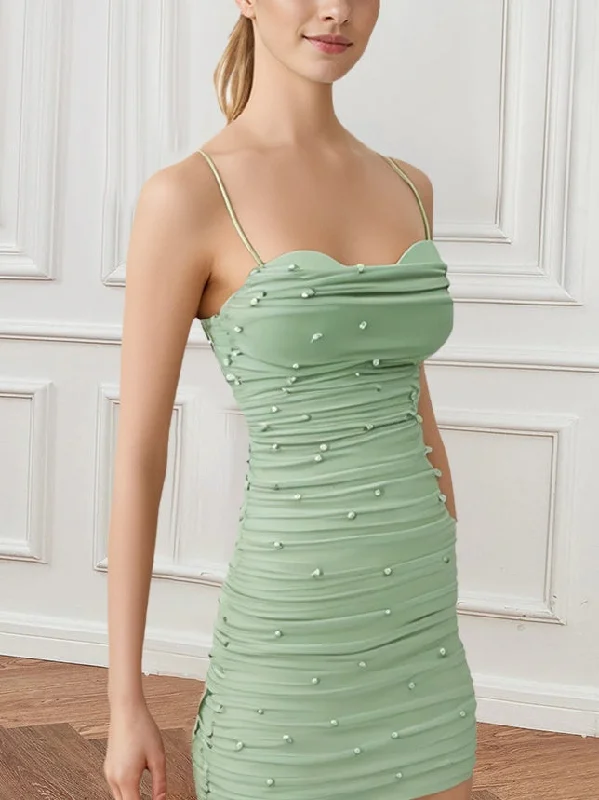 Sheath/Column Spaghetti Straps Sleeveless Short/Mini Party Dance Cocktail Homecoming Dress with Pleats & Pearls Sheath/Column Spaghetti Straps Sleeveless Short/Mini Party Dance Cocktail Homecoming Dress with Pleats & Pearls