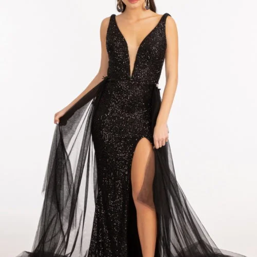 Sheath/Column V-Neck Sleeveless Floor-Length Long Prom Dresses with Split Side Sequins Sheath/Column V-Neck Sleeveless Floor-Length Long Prom Dresses with Split Side Sequins