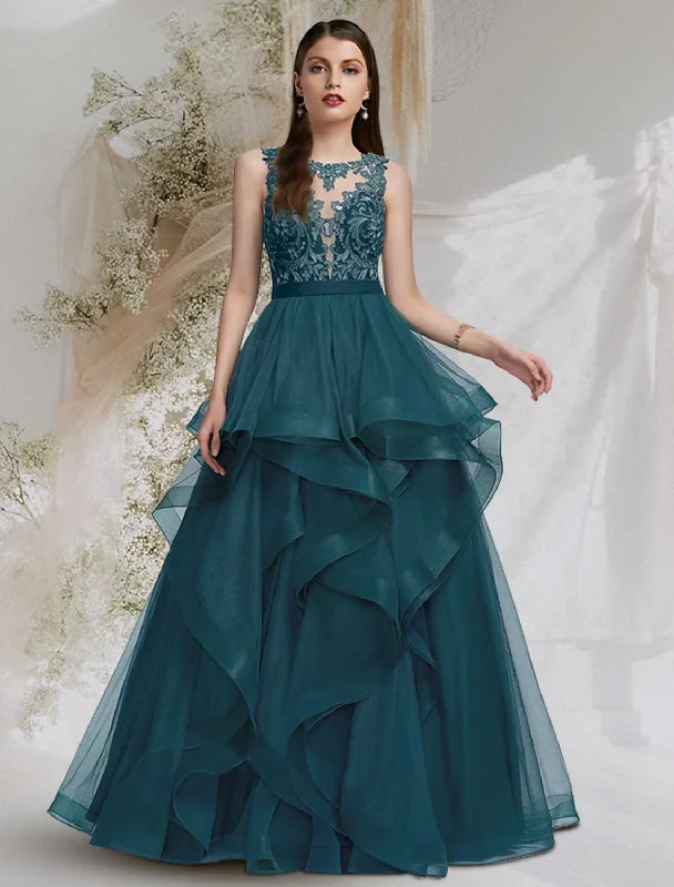 Ball Gown Cut Out Sexy Prom Formal Evening Dress Jewel Neck Sleeveless Floor Length Tulle with Lace Insert Ball Gown Cut Out Sexy Prom Formal Evening Dress Jewel Neck Sleeveless Floor Length Tulle with Lace Insert