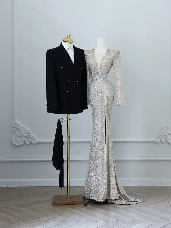 Bonnyshow Sexy Mermaid V Neckline Silver Sequin Long Sleeves Prom Dresses Slit Evening Gowns S3830