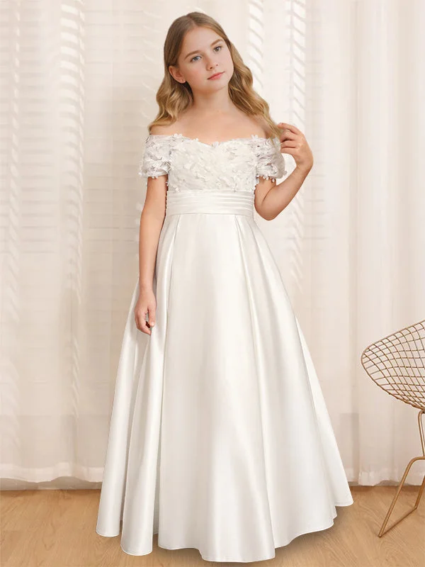 A-Line/Princess Off-the-Shoulder Short Sleeves Floor-Length Flower Girl Dress with Ruffles A-Line/Princess Off-the-Shoulder Short Sleeves Floor-Length Flower Girl Dress with Ruffles