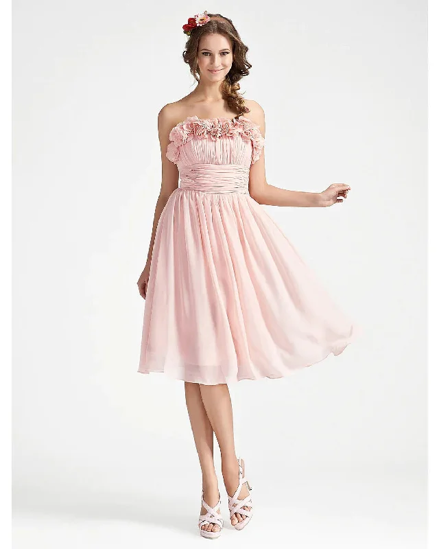 Ball Gown Dress Cocktail Party Knee Length Sleeveless Strapless Chiffon with Ruched Draping Flower Ball Gown Dress Cocktail Party Knee Length Sleeveless Strapless Chiffon with Ruched Draping Flower