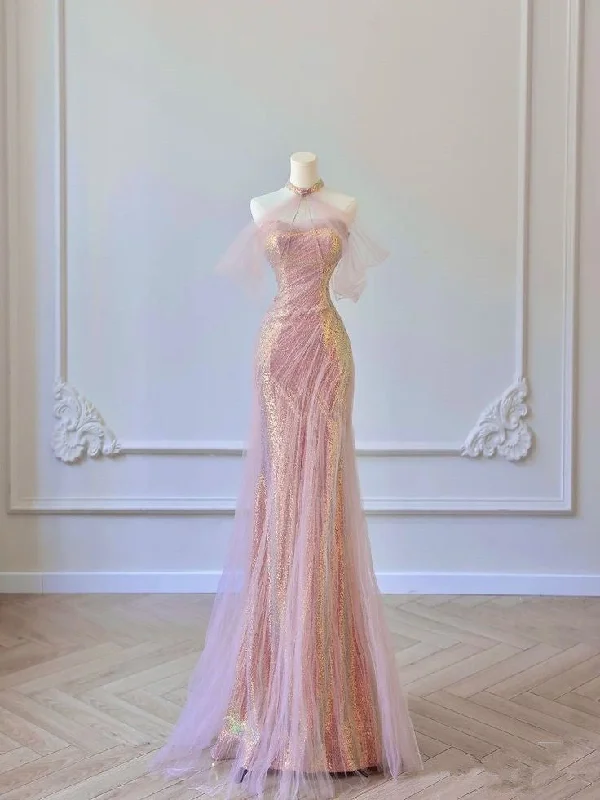 Bonnyshow Sexy Mermaid Halter Pink Sequin Long Prom Dress Evening Dress Formal Dress SD1819 Bonnyshow Sexy Mermaid Halter Pink Sequin Long Prom Dress Evening Dress Formal Dress SD1819