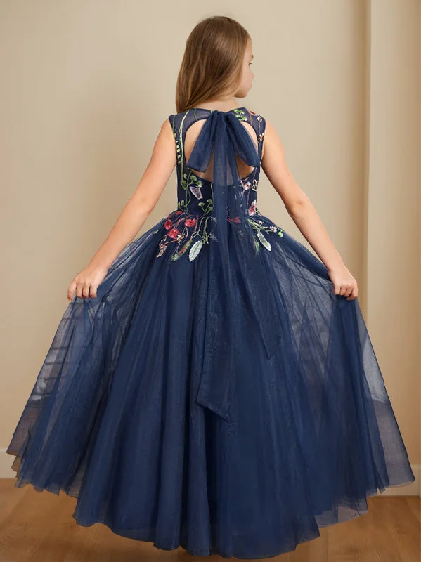 A-Line/Princess Scoop Neck Sleeveless Floor-Length Flower Girl Dress with Embroidery
