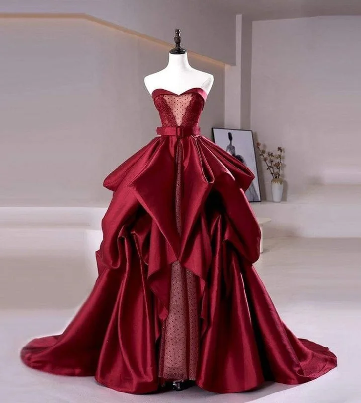 Bonnyshow Sexy Ball Gown Sweetheart Burgundy Satin Long Evening Gowns Prom Dresses SD1817 Bonnyshow Sexy Ball Gown Sweetheart Burgundy Satin Long Evening Gowns Prom Dresses SD1817