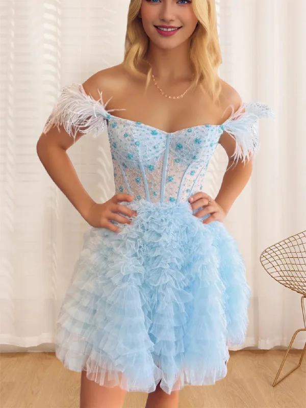 A-Line/Princess Semi-Sweetheart Sleeveless Short/Mini Party Dance Cocktail Homecoming Dress With Ruffles & Feathers A-Line/Princess Semi-Sweetheart Sleeveless Short/Mini Party Dance Cocktail Homecoming Dress With Ruffles & Feathers