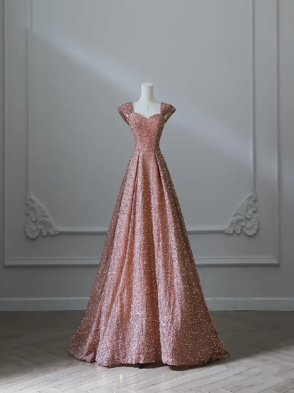 Bonnyshow Sexy A line Straps Rose Pink Sequin Long Prom Dresses Evening Gowns S3832