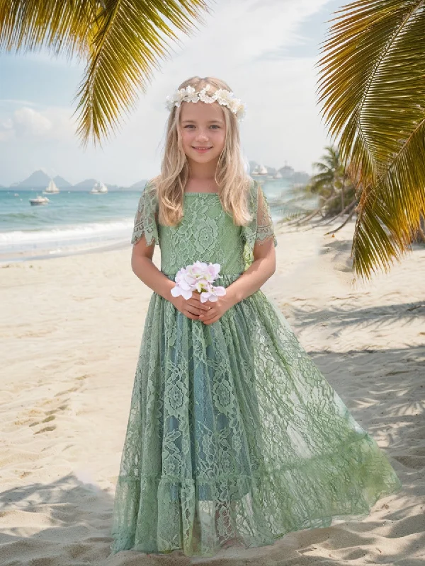 Sage Green Lace Beach Resort Boho Flower Dress