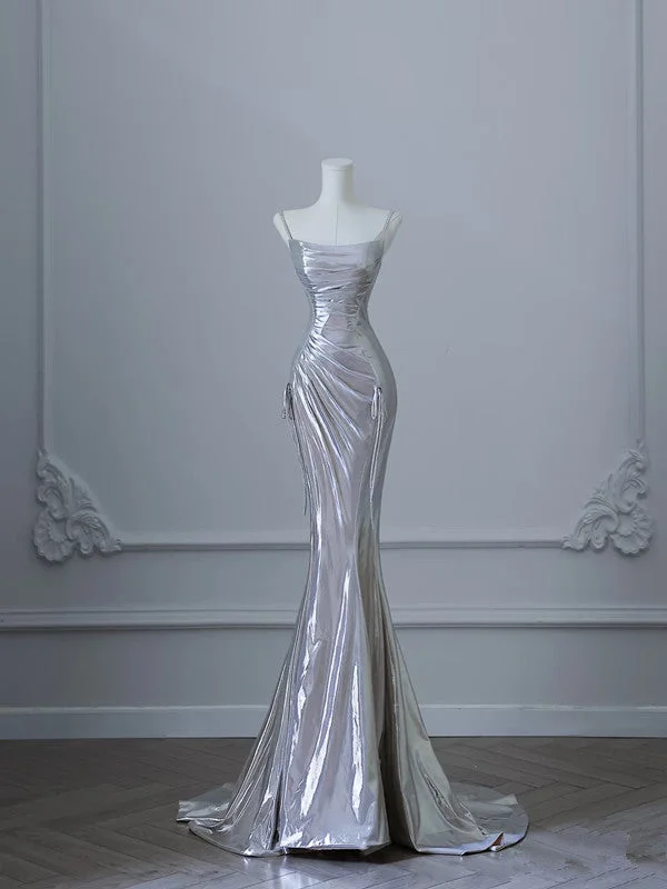 Bonnyshow Sexy Mermaid Spaghetti Straps Silver Sequin Long Prom Dresses S3820