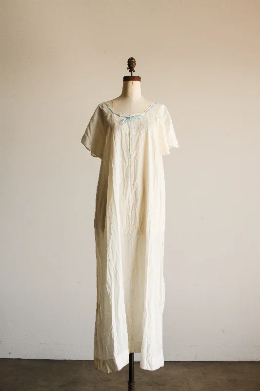 Edwardian White Cotton Embroidered Blue Ribbon Night Dress
