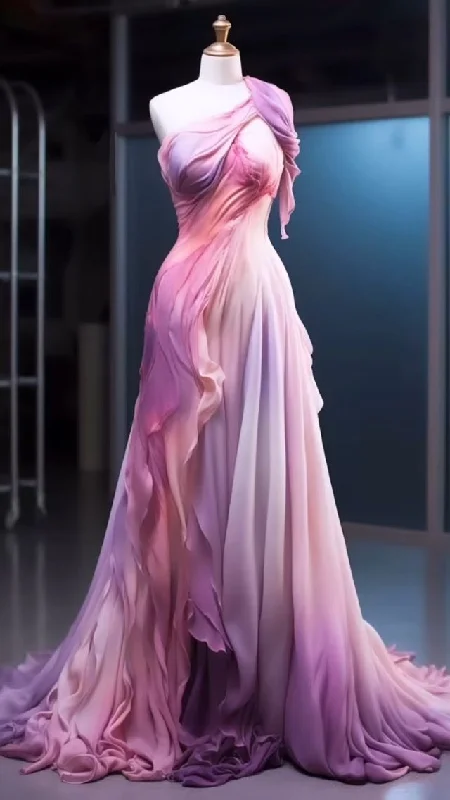 Bonnyshow Retro Ball Gown One Shoulder Pink Ombre Pink Chiffon Long Evening Dress Prom Dresses SD1742 Bonnyshow Retro Ball Gown One Shoulder Pink Ombre Pink Chiffon Long Evening Dress Prom Dresses SD1742