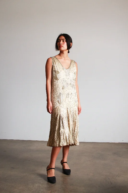 1920s Silver Satin Beaded Flapper Dress