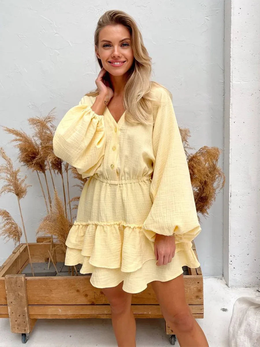 Bonnyshow Autumn Winter New Women's V-neck Chic Dress Stylish Ladies Bubble Sleeve Short Skirt Elastic Waist Solid Color Dresses Bonnyshow Autumn Winter New Women's V-neck Chic Dress Stylish Ladies Bubble Sleeve Short Skirt Elastic Waist Solid Color Dresses