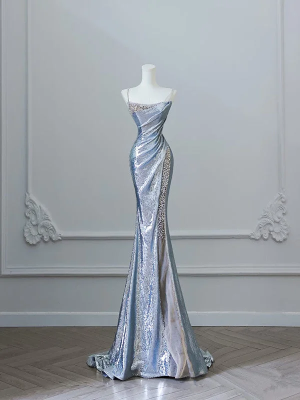 Bonnyshow Sexy Mermaid Spaghetti Straps Silver Sequin Long Prom Dresses S3808