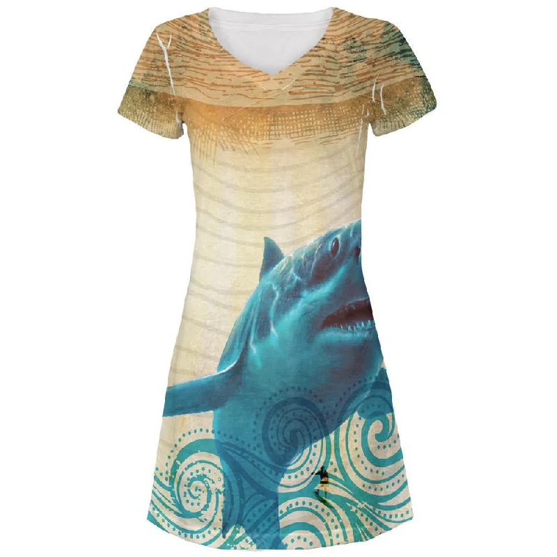 Great White Shark in Waves All Over Juniors V-Neck Dress