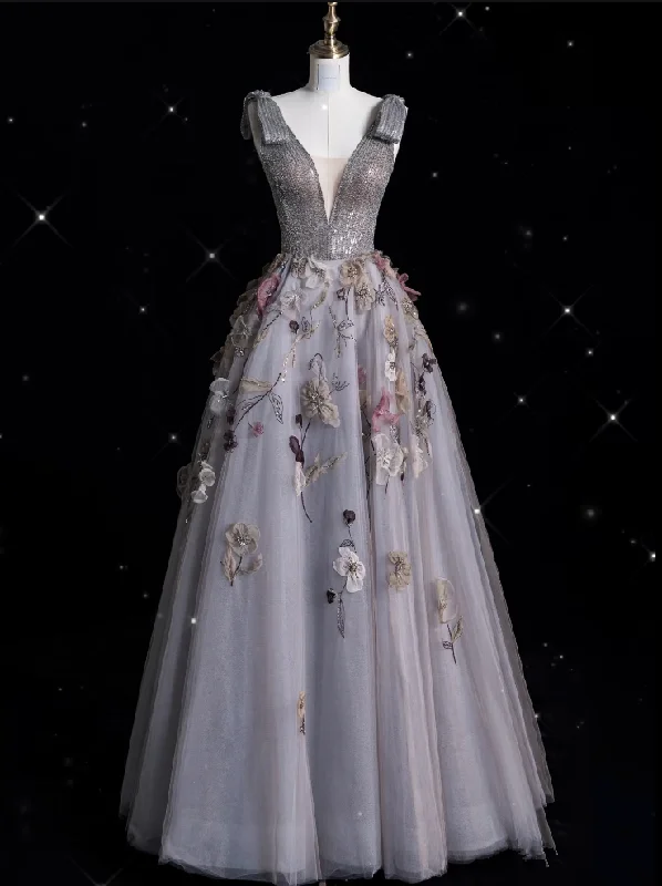 Bonnyshow Sexy Ball Gown V Neckline Gray Tulle Floral Long Evening Gowns Prom Dresses SD1862