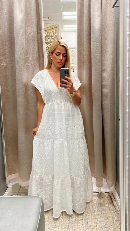 V-neck pearl trim eyelet white dress