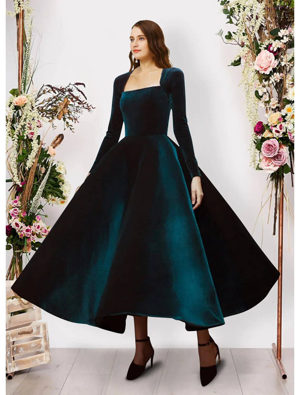 Ball Gown Evening Gown Vintage Dress Prom Ankle Length Long Sleeve Square Neck Velvet with Pure Color Ball Gown Evening Gown Vintage Dress Prom Ankle Length Long Sleeve Square Neck Velvet with Pure Color