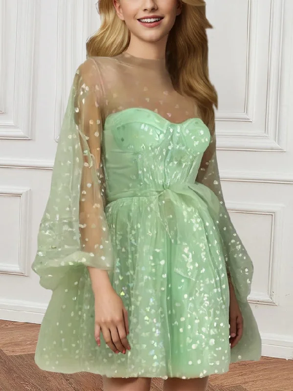 A-Line/Princess High-Neck Illusion Long Puffy Sleeves Short/Mini Party Dance Cocktail Homecoming Dress With Illusion Corset Bodice, Pleats A-Line/Princess High-Neck Illusion Long Puffy Sleeves Short/Mini Party Dance Cocktail Homecoming Dress With Illusion Corset Bodice, Pleats