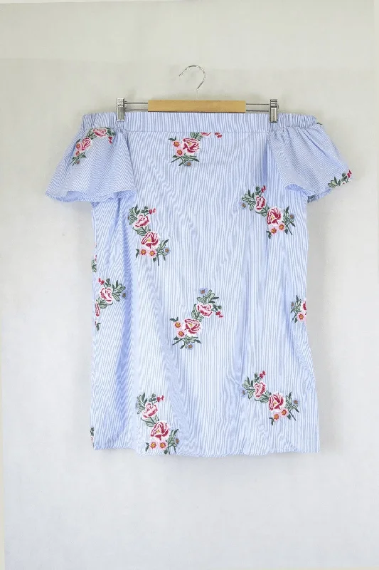 Forever New Blue And White Striped Dress With Flowers 12