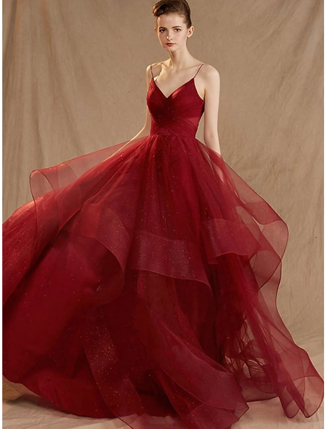 Ball Gown Evening Gown Elegant Dress Party Wear Floor Length Sleeveless V Neck Tulle V Back with Sequin Ruffles Ball Gown Evening Gown Elegant Dress Party Wear Floor Length Sleeveless V Neck Tulle V Back with Sequin Ruffles