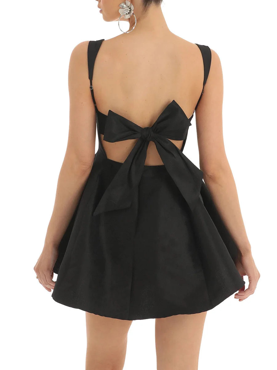 Bonnyshow Women's Summer Short Sling Dress Solid Color Sleeveless Backless Square Neck A-line Dress