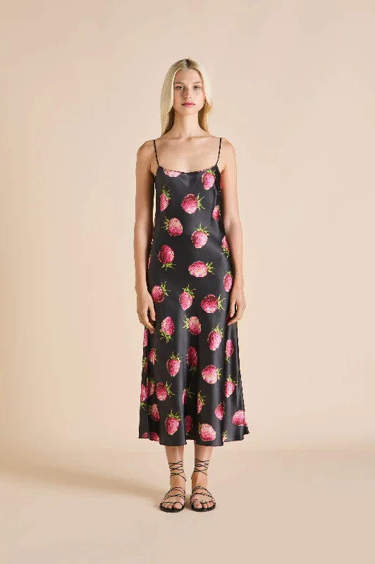 Artemis Brigham Black Strawberry Slip Dress in Silk Satin