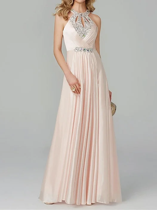 A-Line/Princess Sleeveless Halter Neck Floor-Length Prom Dresses with Crystals