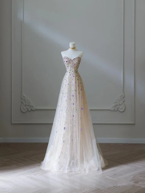 Bonnyshow Modest A Line Sweetheart Tulle Flowers Long Evening Dress Prom Dresses SD1732