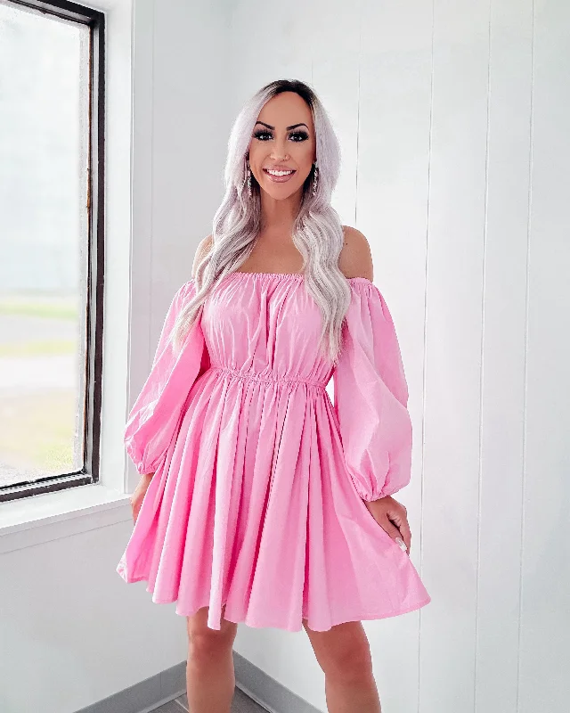 Joyful Journey Off Shoulder Puff Sleeve Dress - Pink