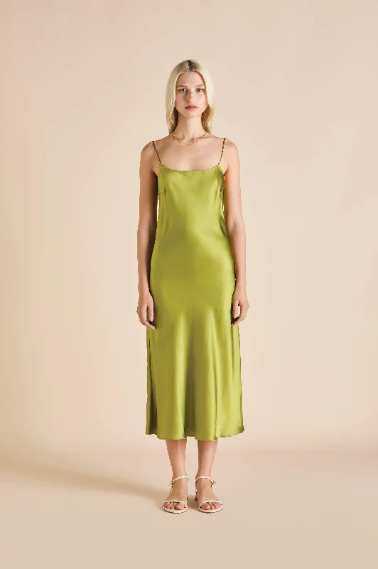 Artemis Olive Green Slip Dress in Silk Satin