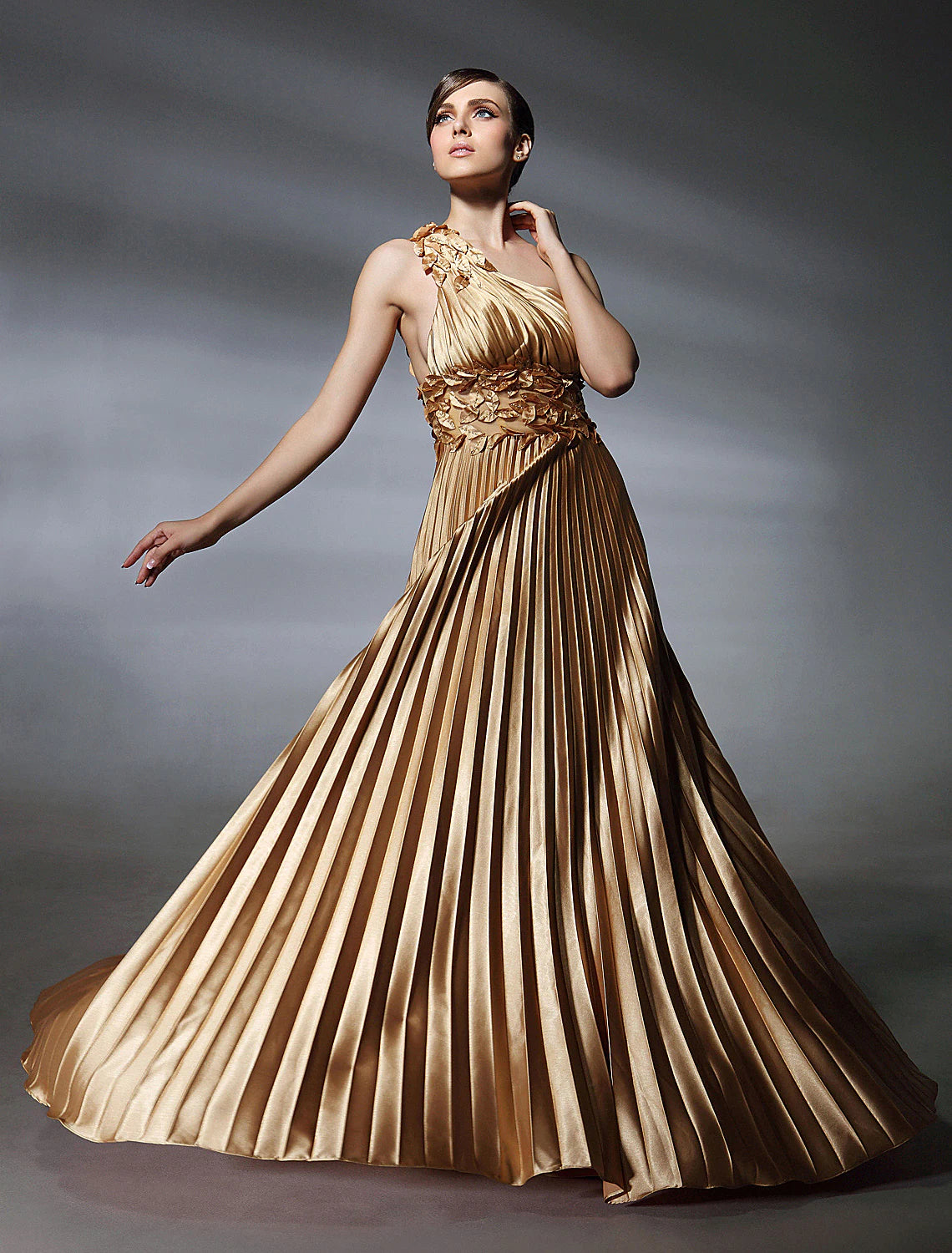 Ball Gown Dress Formal Evening Sweep / Brush Train Sleeveless One Shoulder Stretch Satin with Pleats Beading Side Draping Ball Gown Dress Formal Evening Sweep / Brush Train Sleeveless One Shoulder Stretch Satin with Pleats Beading Side Draping